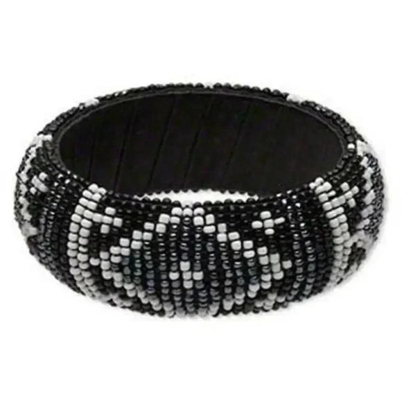 Handcrafted India Beaded Bangle Bracelet Black Gunmetal White Tribal Fair Trade - Picture 1 of 1